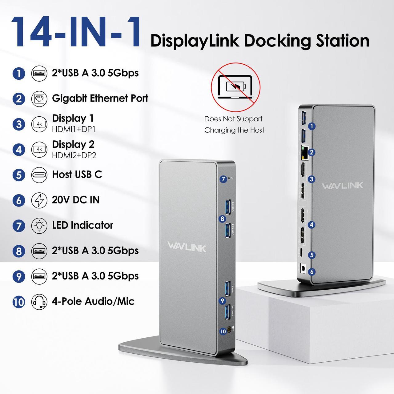 Alt view image 3 of 7 - Wavlink USB 3.0 Ultra 5K Dual 4K@60Hz Laptop Docking Station With 2 X HDMI, 2X DisplayPort, Ethernet, 6 x USB 3.0, Audio, Mic, for Thunderbolt 4/3, USB-C/A Windows, MacOS, Chrome, Ubuntu 20.04,22.0