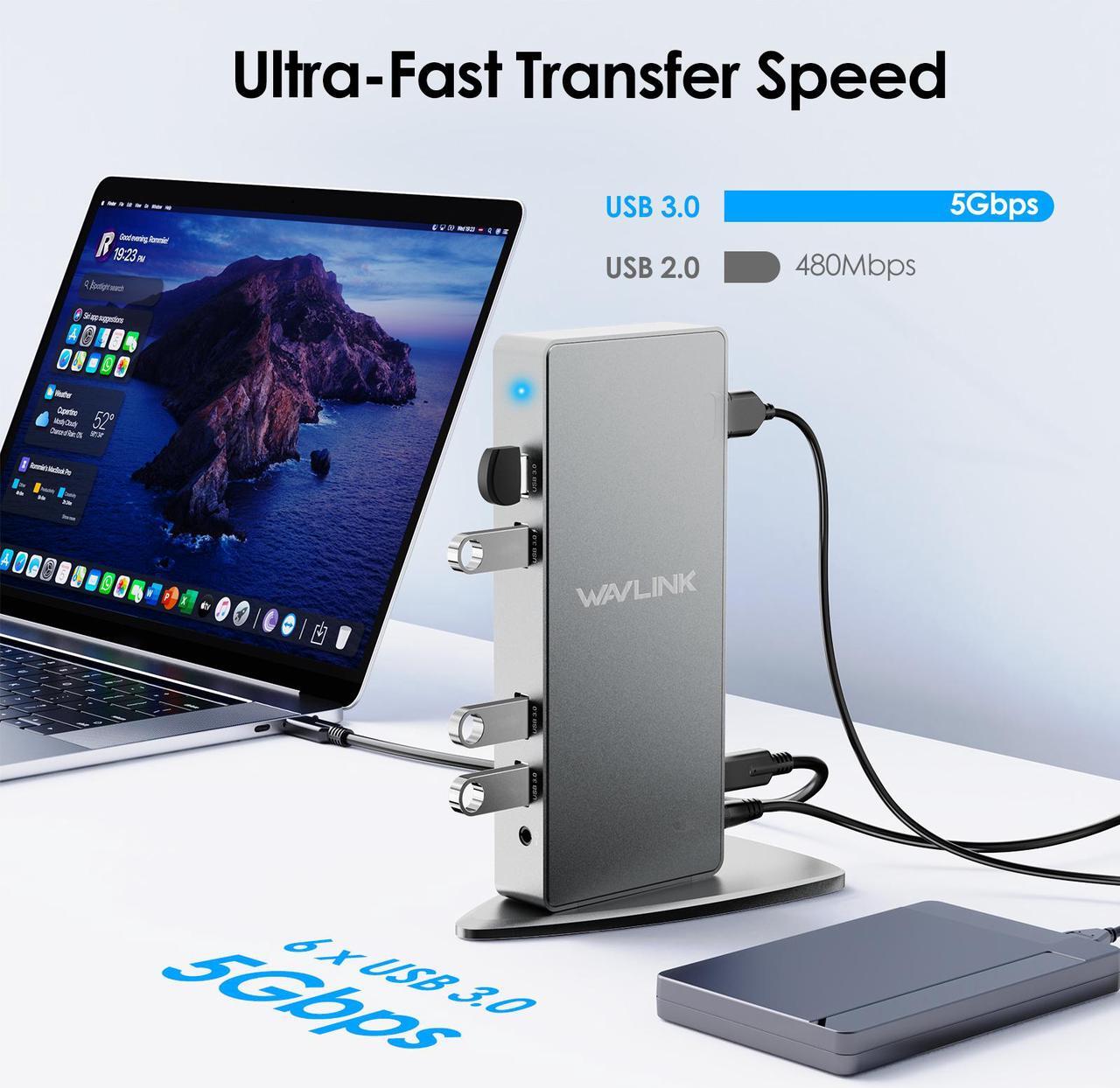 Alt view image 7 of 7 - Wavlink USB 3.0 Ultra 5K Dual 4K@60Hz Laptop Docking Station With 2 X HDMI, 2X DisplayPort, Ethernet, 6 x USB 3.0, Audio, Mic, for Thunderbolt 4/3, USB-C/A Windows, MacOS, Chrome, Ubuntu 20.04,22.0