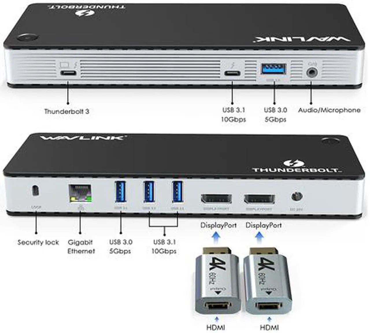 Alt view image 2 of 7 - Wavlink Thunderbolt 3 USB-C 8K Docking Station Dual 4K Docking Station 60W Charging Dual DisplayPort 1.4 USB-C 3.1, 2xUSB 3.1, 2xUSB 3.0, Gigabit Ethernet, Audio, 2xDP to HDMI Adapter for Mac&Windows