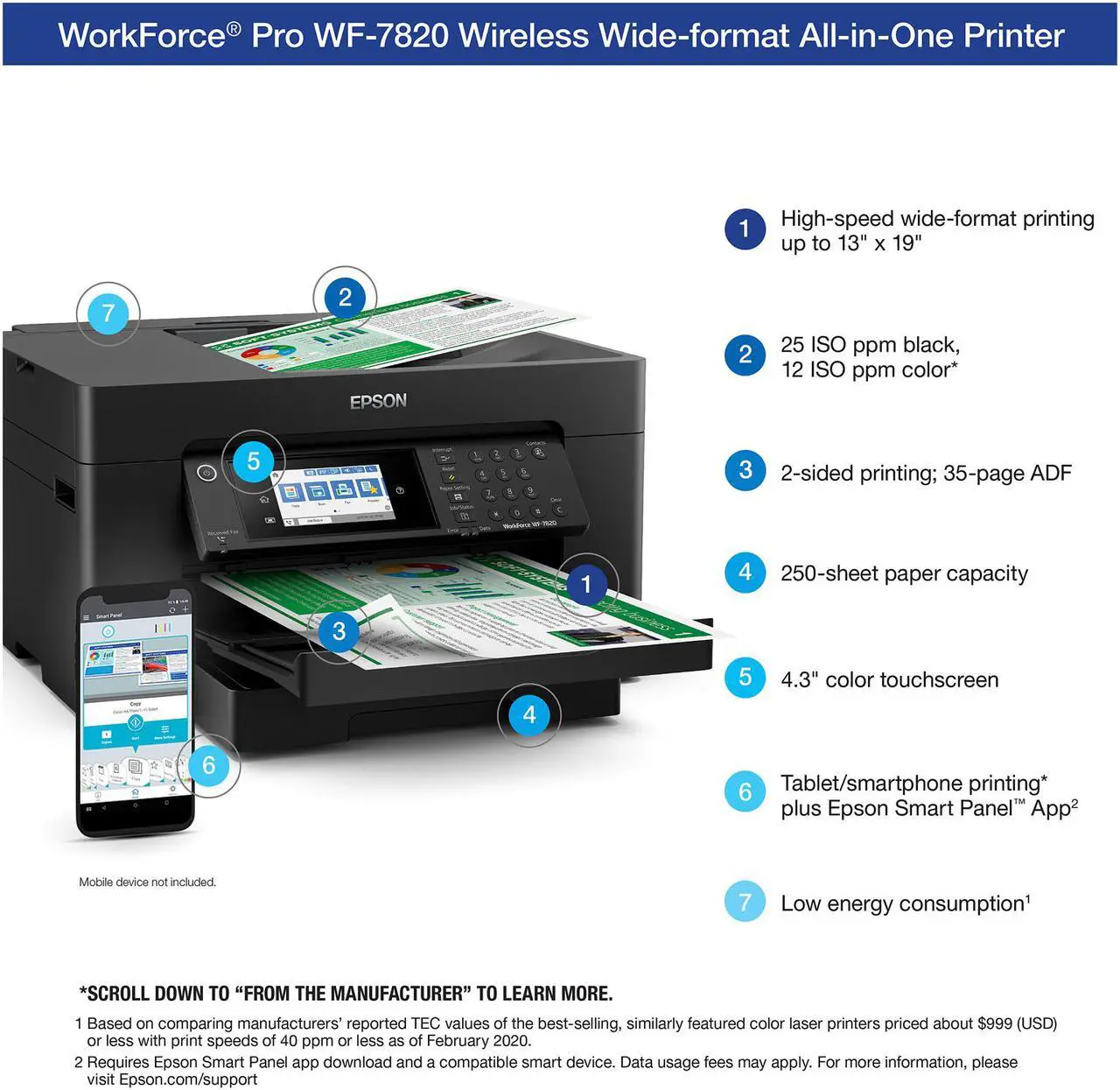 Alt view image 4 of 8 - Epson WorkForce Pro WF-7820 Wireless All-in-One Wide-format Printer with Auto 2-sided Print up to 13" x 19", Copy, Scan and Fax, 50-page ADF, 250-sheet Paper Capacity, and 4.3" Color Touchscreen