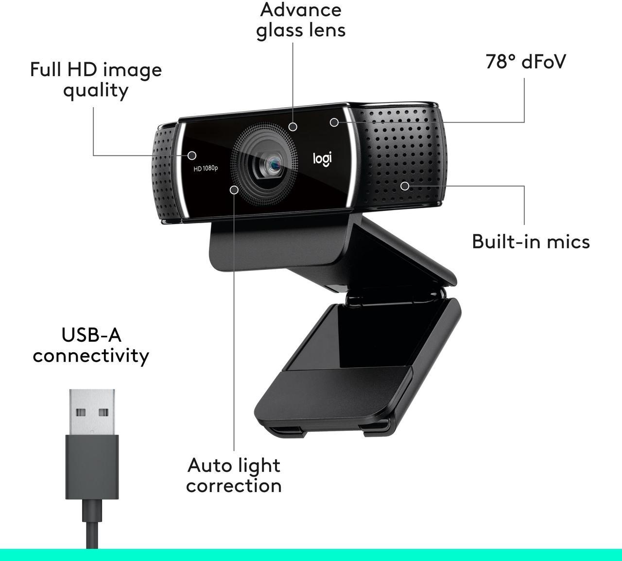 Alt view image 3 of 10 - Logitech C922 Pro Stream Webcam 1080P Camera for HD Video Streaming & Recording 720P at 60Fps with Tripod Included
