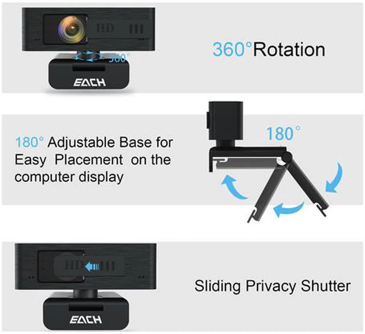 Alt view image 6 of 5 - EACH Full HD Webcam 1080p Webcam Autofocus Camera HDR  USB Webcam with Privacy Cover Widescreen Video Calling and Recording for Computer Laptop PC Skype Stream