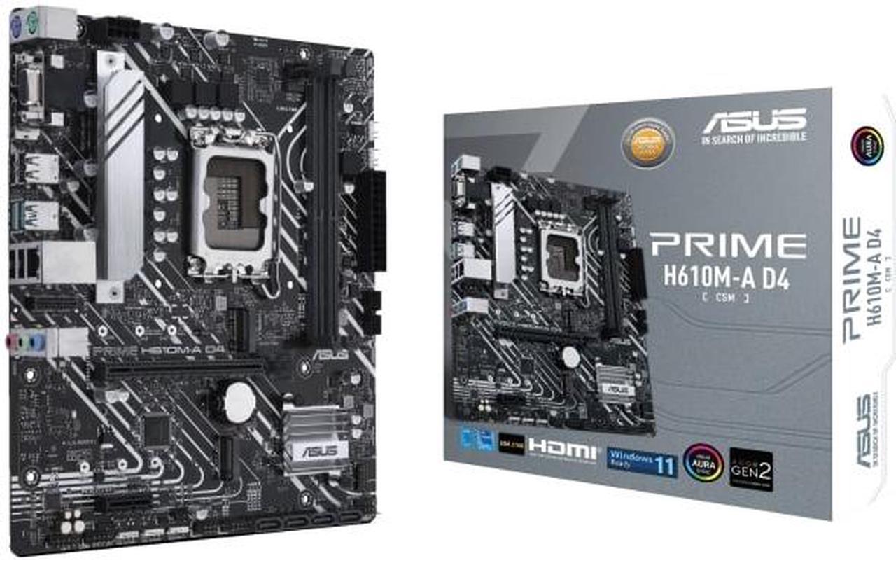 ASUS PRIME H610M-A D4-CSM LGA 1700 (Intel 12th & 13th Gen) Micro-ATX Commercial Motherboard (PCIe 4.0, DDR4, 2xM.2 slots, 1Gb LAN, rear USB 3.2 Gen 2 ports, DP/HDMI/D-Sub, SPI-TPM header, ACCE)