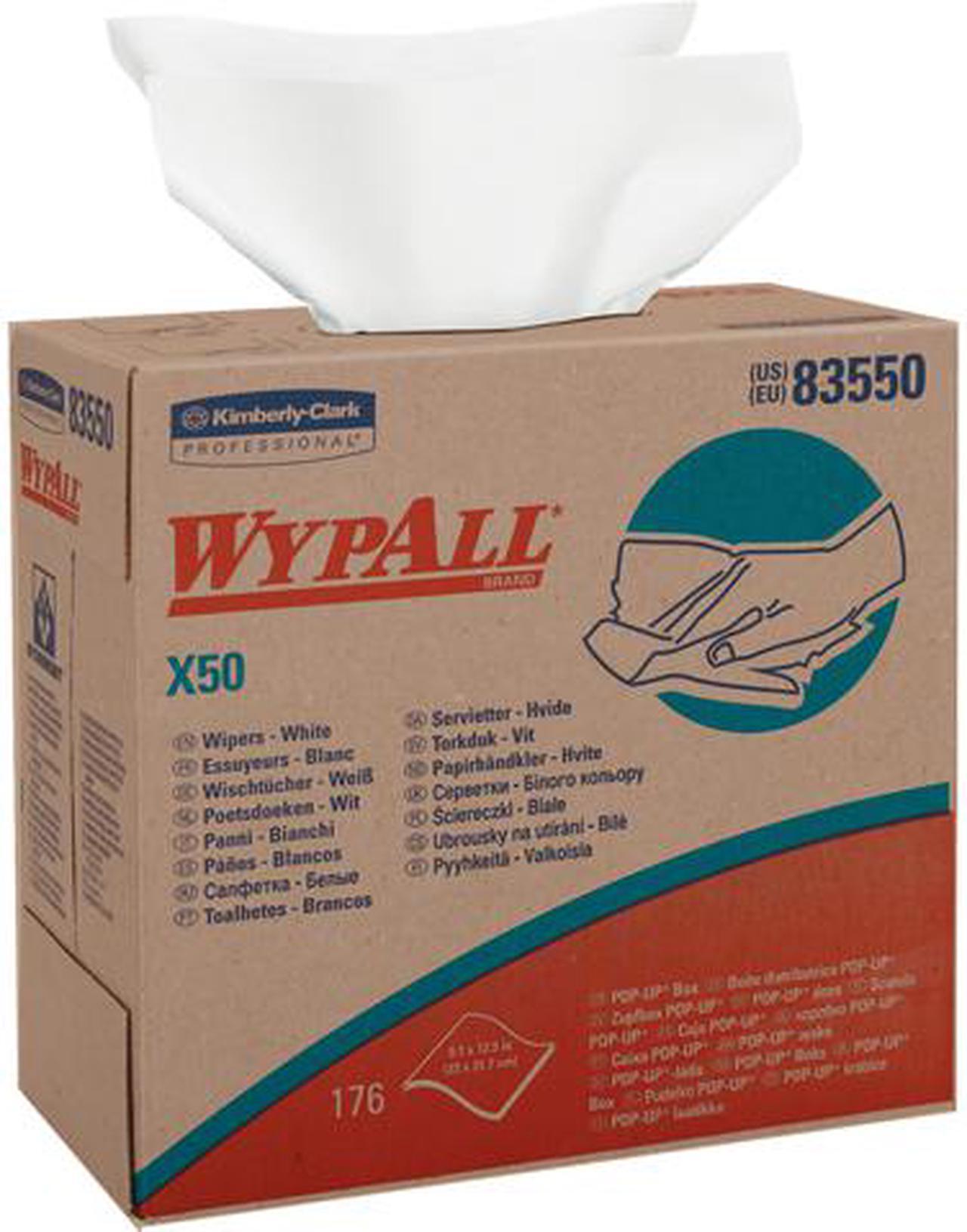 Main image of WypAll X50 Disposable Cloths (83550), Strong for Extended Use, POP-UP Box, White, 10 Boxes / Case, 176 Sheets / Box, 1,760 Sheets / Case