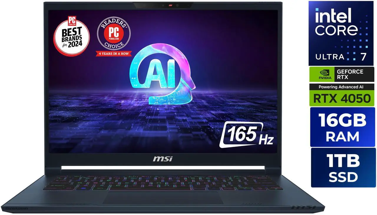 MSI Stealth 14 AI 14" FHD+ 165Hz NVIDIA GeForce RTX 4050  Intel® Core™ Ultra7-155H 16GBDR5 1TB NVMe SSD Win 11PRO Ultra Thin and Light Gaming Laptop(A1VEG-090US)