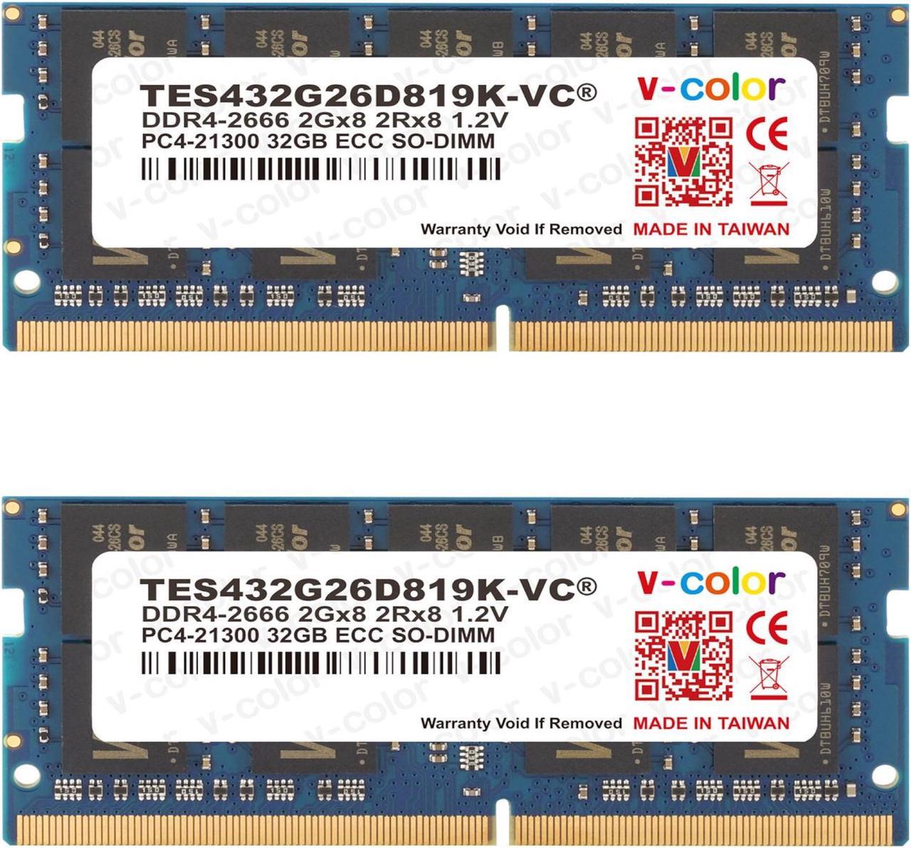 Main image of V-COLOR 64GB (2 x 32GB) ECC SO-DIMM DDR4 2666MHz (PC4-21300) for microservers, workstations, Networking Platforms and Embedded Systems 2Rx8 CL19 1.2V (TES432G26D819K-VC)
