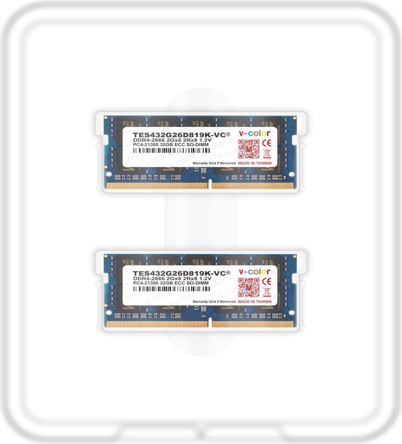 Alt view image 3 of 4 - V-COLOR 64GB (2 x 32GB) ECC SO-DIMM DDR4 2666MHz (PC4-21300) for microservers, workstations, Networking Platforms and Embedded Systems 2Rx8 CL19 1.2V (TES432G26D819K-VC)