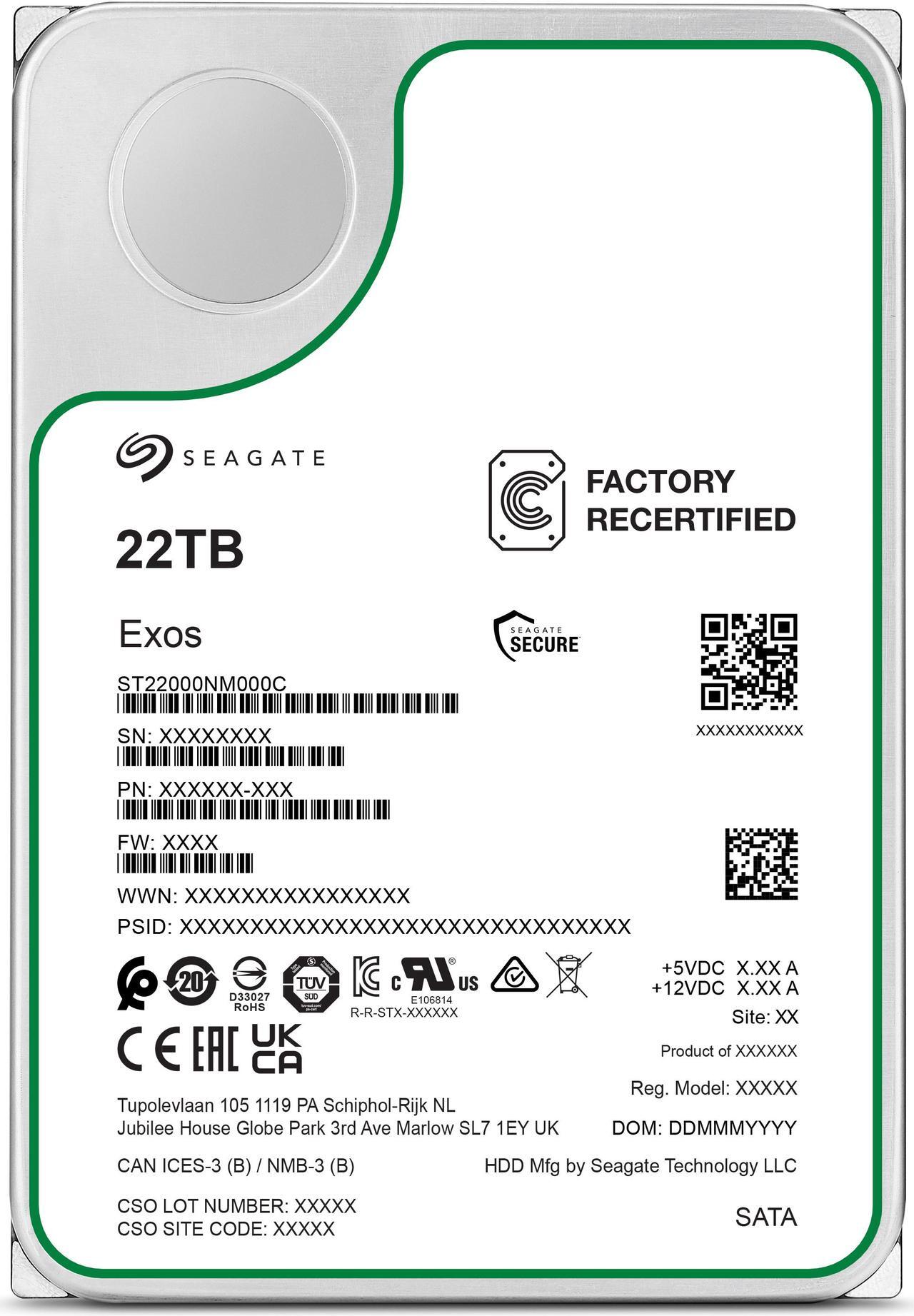 Alt view image 4 of 5 - Seagate (Recertified) Exos X 22TB Internal Hard Drive HDD - 3.5 In CMR SATA 6Gb/s, 7200 RPM, 512MB Cache, 2.5M MTBF (ST22000NM000C)