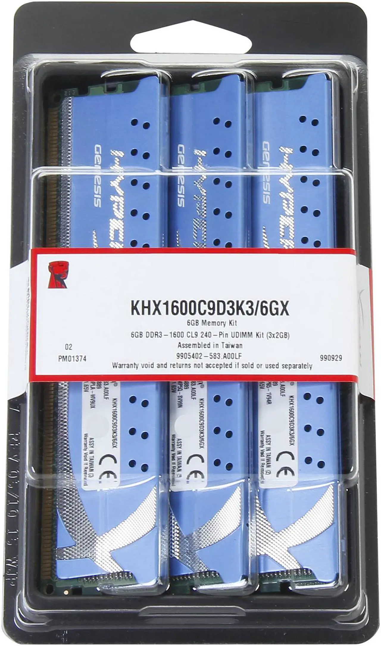 Alt view image 3 of 3 - HyperX 6GB (3 x 2GB) DDR3 1600 (PC3 12800) Desktop Memory Model KHX1600C9D3K3/6GX