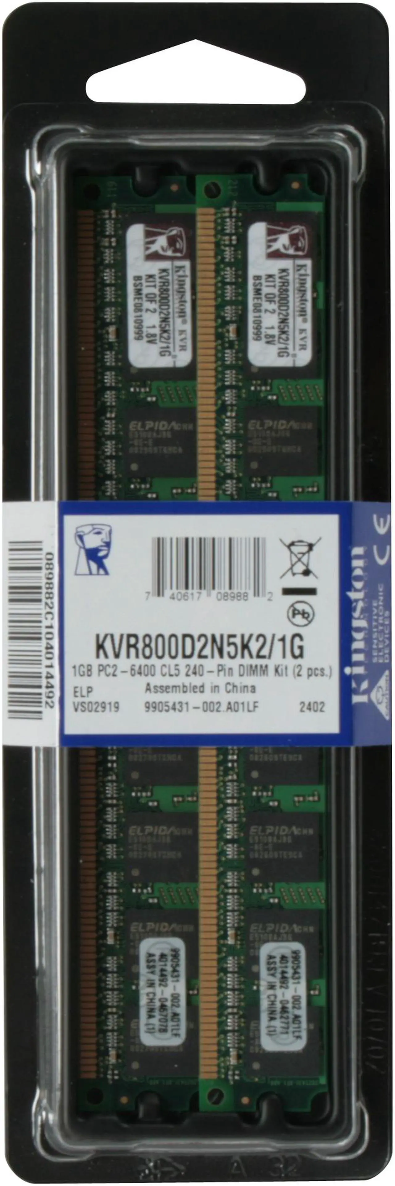 Alt view image 3 of 3 - Kingston ValueRAM 1GB (2 x 512MB) DDR2 800 (PC2 6400) Dual Channel Kit Desktop Memory Model KVR800D2N5K2/1G