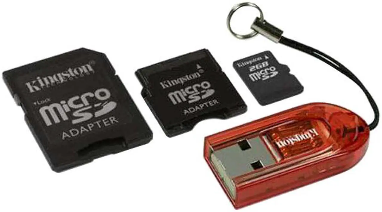 Main image of Kingston 2GB MicroSD Flash Card with 2 adapters (miniSD and full-size SD) and USB reader Model MBLY/2GBKR