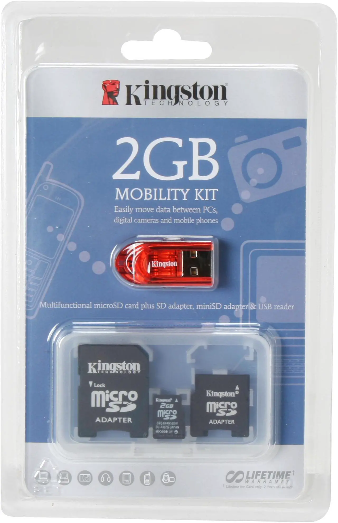 Alt view image 2 of 2 - Kingston 2GB MicroSD Flash Card with 2 adapters (miniSD and full-size SD) and USB reader Model MBLY/2GBKR