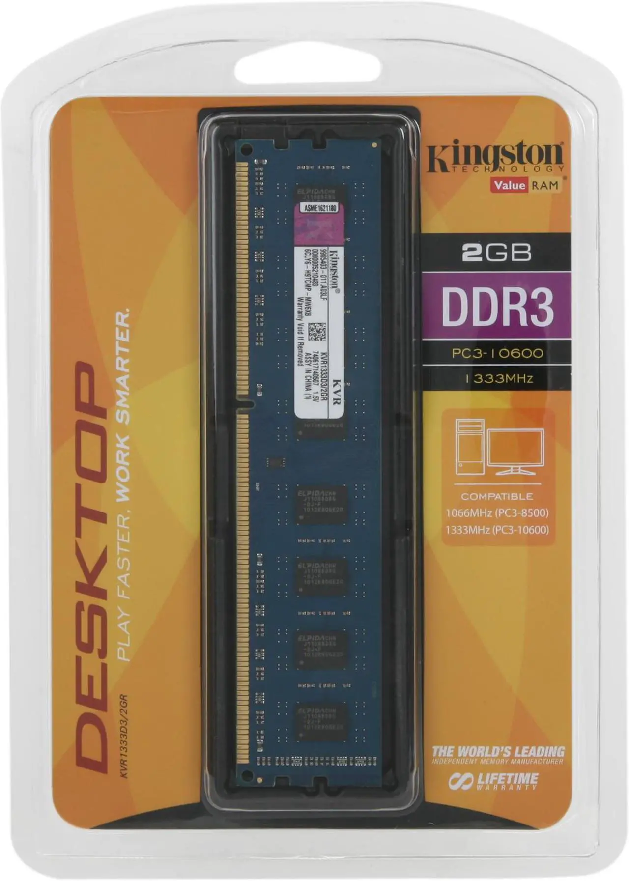 Alt view image 3 of 3 - Kingston 2GB DDR3 1333 (PC3 10600) Desktop Memory Model KVR1333D3/2GR
