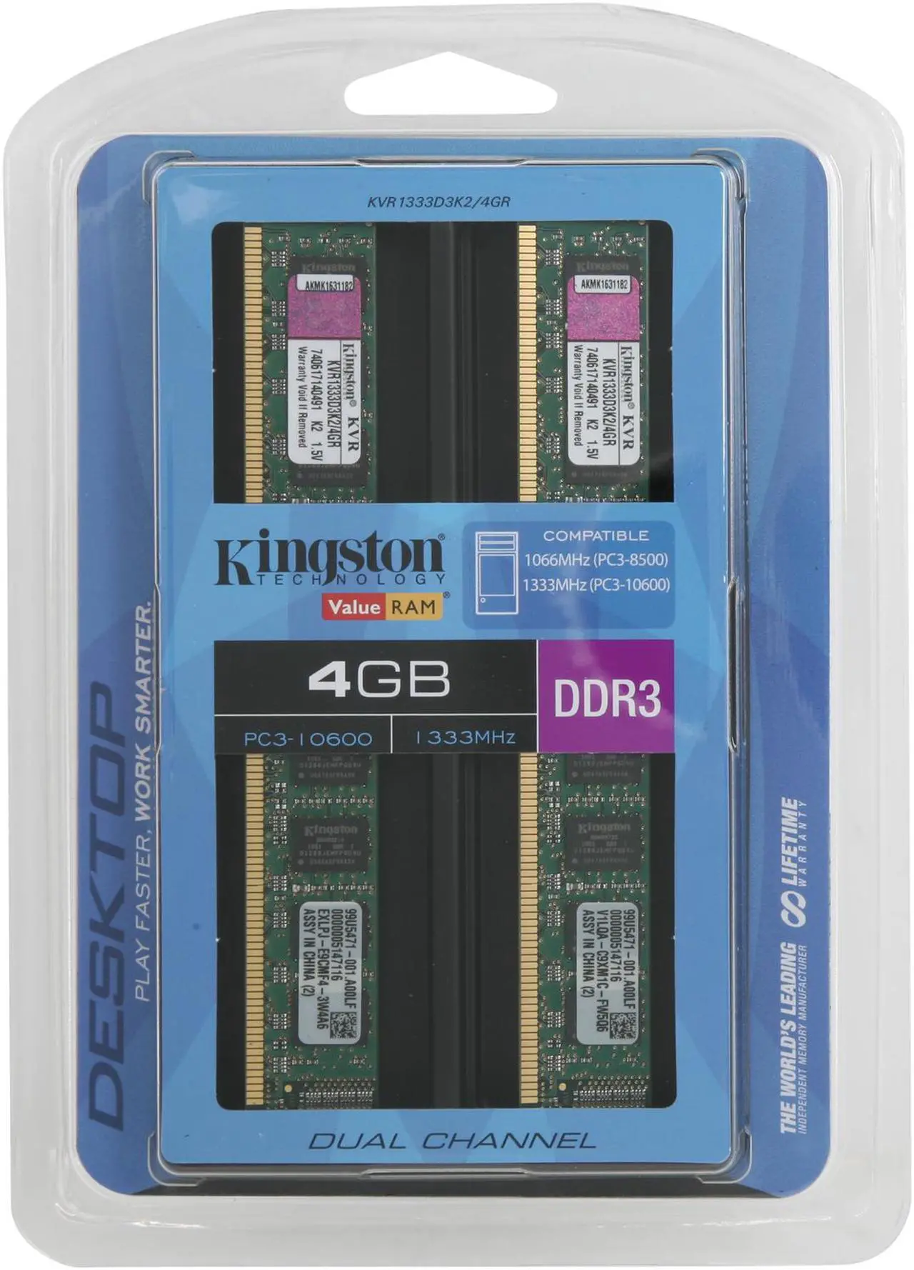 Alt view image 3 of 3 - Kingston ValueRAM 4GB (2 x 2GB) DDR3 1333 (PC3 10600) Desktop Memory Model KVR1333D3K2/4GR