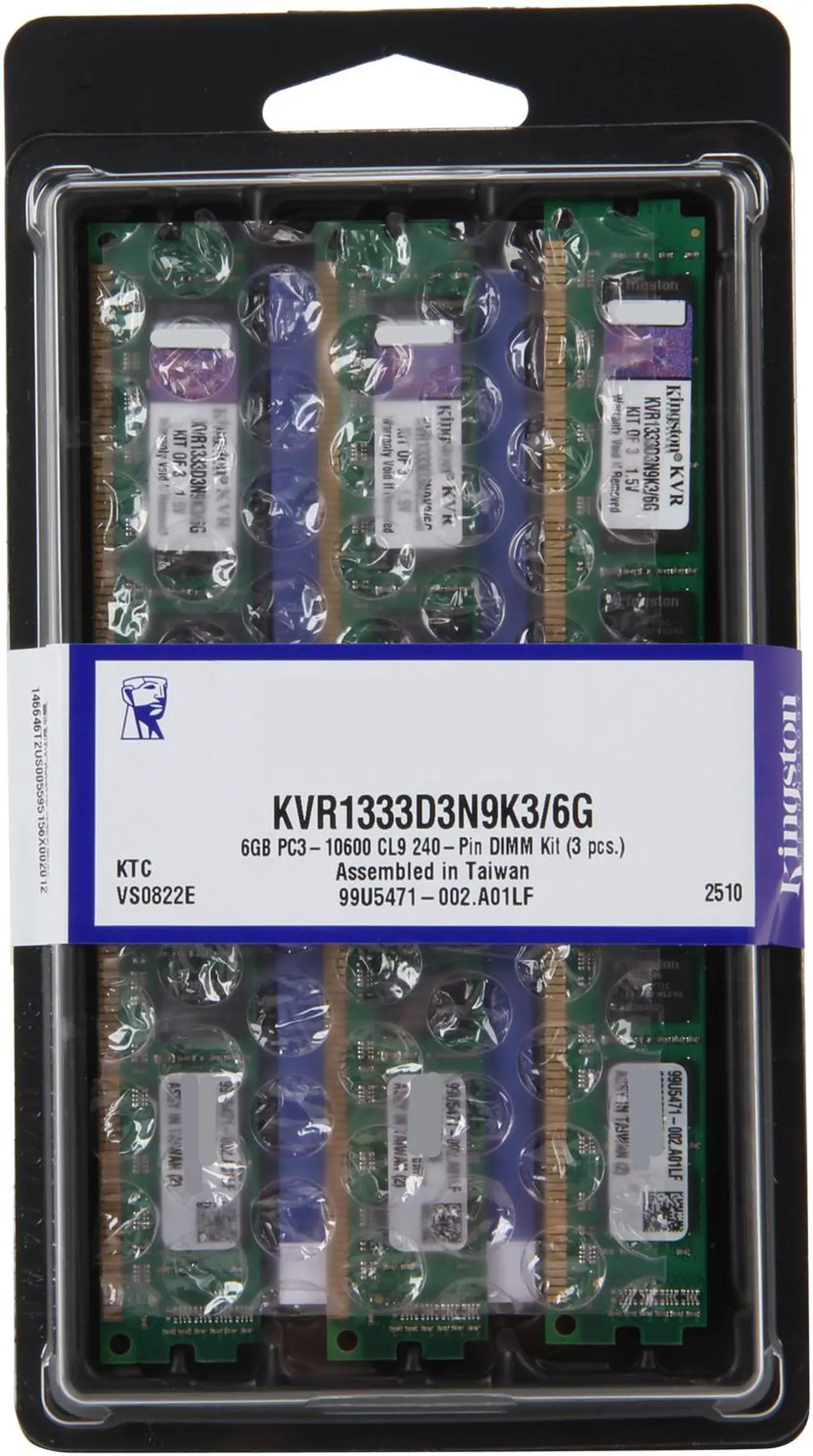 Alt view image 3 of 3 - Kingston 6GB (3 x 2GB) DDR3 1333 (PC3 10600) Triple Channel Kit Desktop Memory Model KVR1333D3N9K3/6G