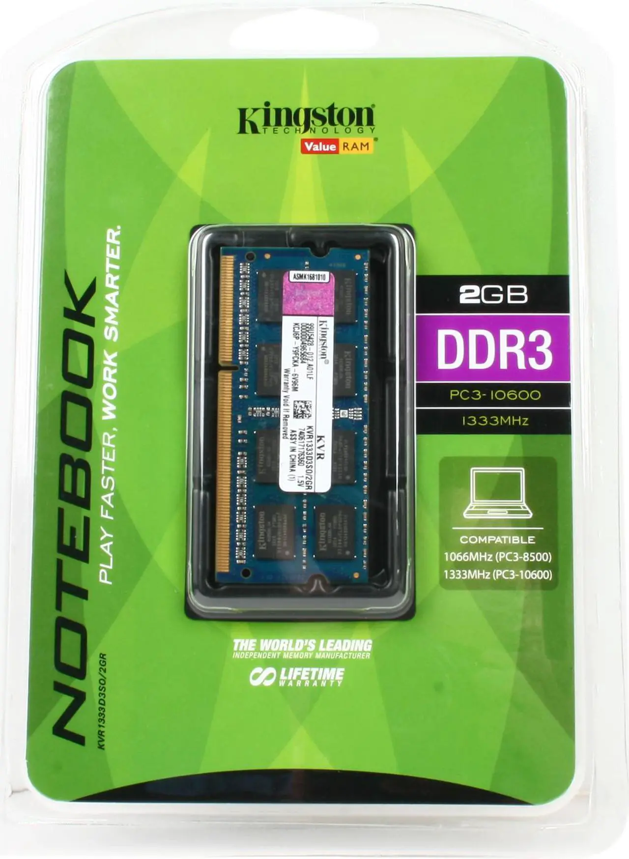 Alt view image 3 of 3 - Kingston 2GB 204-Pin DDR3 SO-DIMM DDR3 1333 Laptop Memory Model KVR1333D3SO/2GR