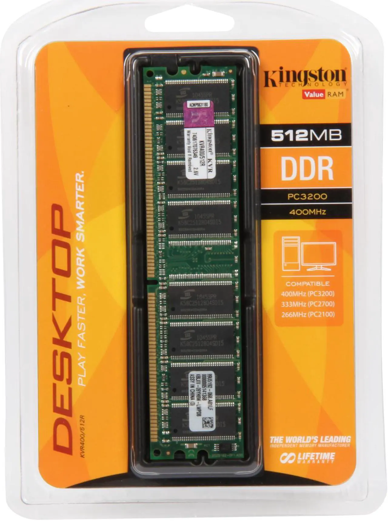 Alt view image 3 of 3 - Kingston ValueRAM 512MB DDR 400 (PC 3200) Desktop Memory Model KVR400/512R