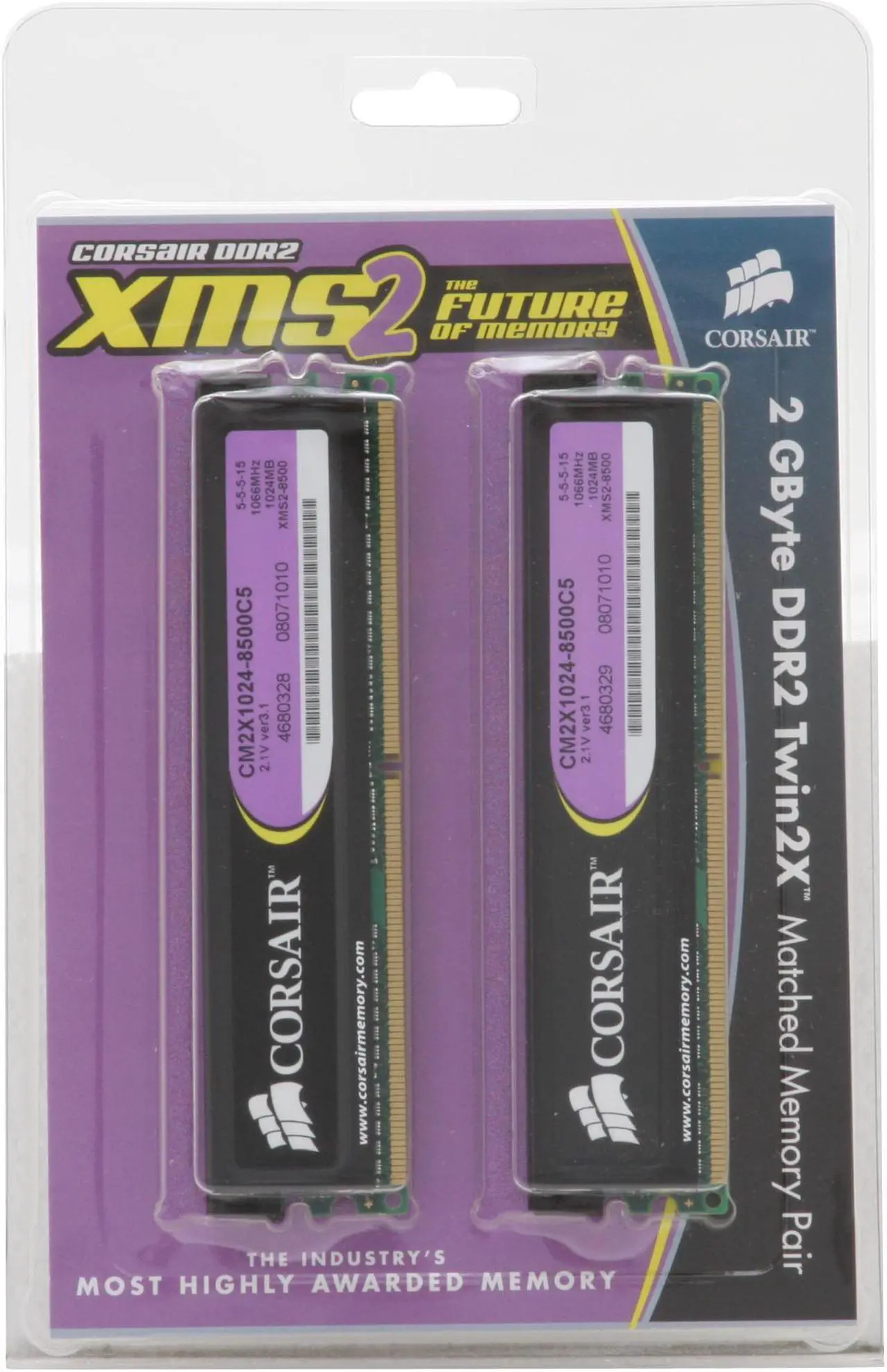 Alt view image 2 of 2 - CORSAIR XMS2 2GB (2 x 1GB) DDR2 1066 (PC2 8500) Dual Channel Kit Desktop Memory Model TWIN2X2048-8500C5