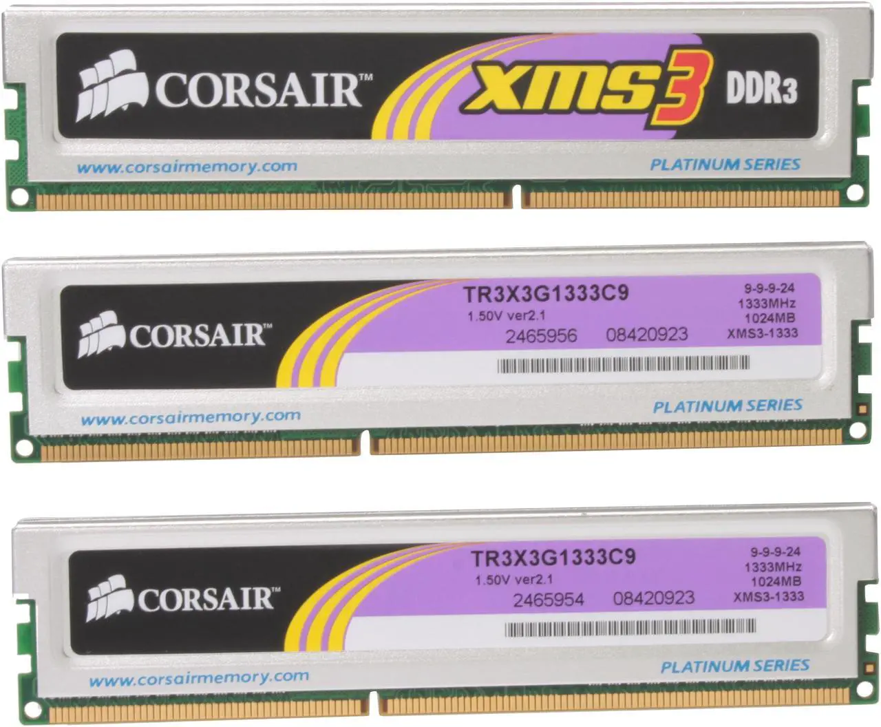 Alt view image 2 of 3 - CORSAIR XMS3 3GB (3 x 1GB) DDR3 1333 (PC3 10666) Triple Channel Kit Desktop Memory Model TR3X3G1333C9