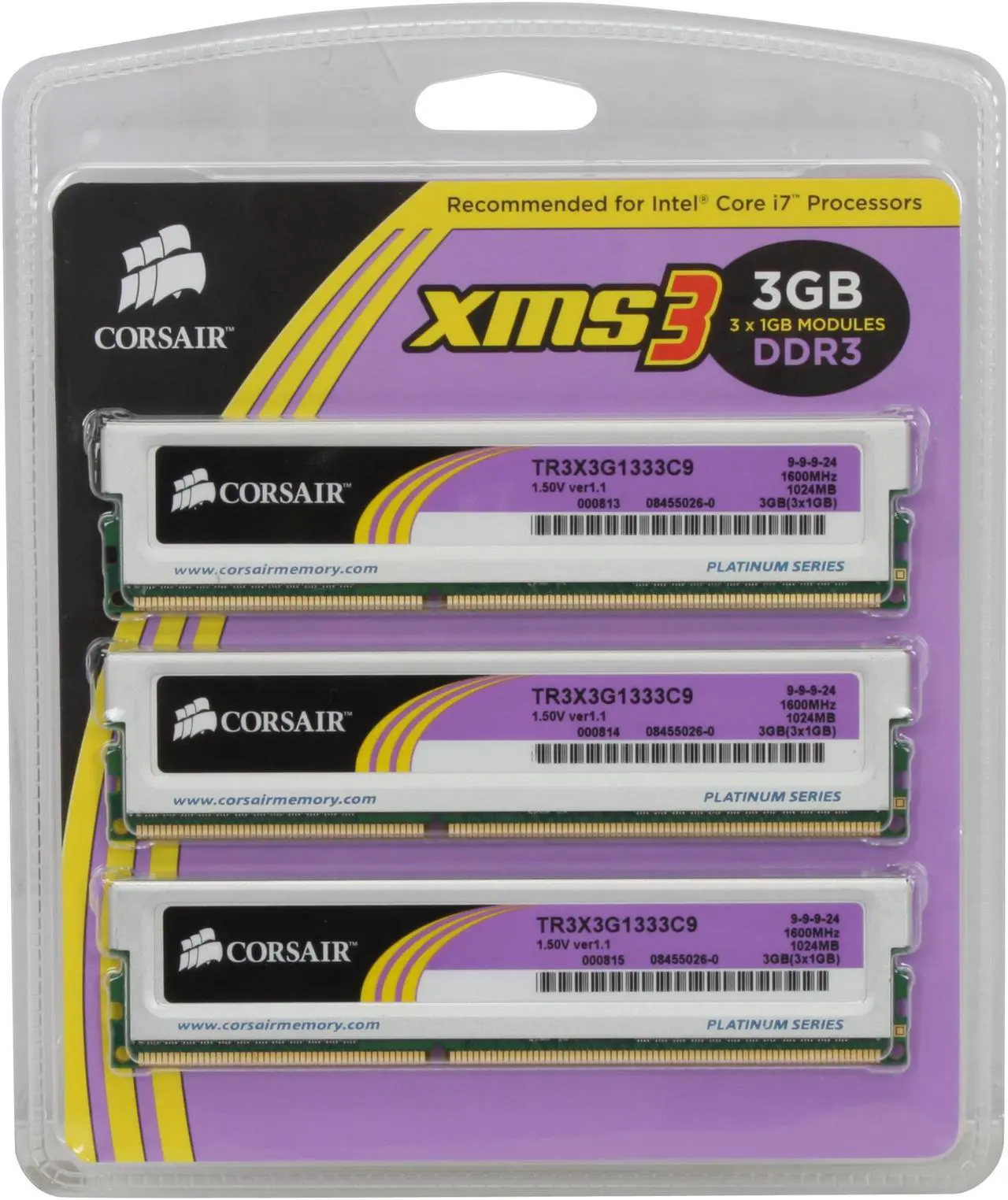 Alt view image 3 of 3 - CORSAIR XMS3 3GB (3 x 1GB) DDR3 1333 (PC3 10666) Triple Channel Kit Desktop Memory Model TR3X3G1333C9