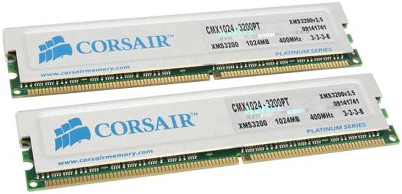 Main image of CORSAIR XMS 2GB (2 x 1GB) DDR 400 (PC 3200) Dual Channel Kit Desktop Memory Model TWINX2048-3200PT