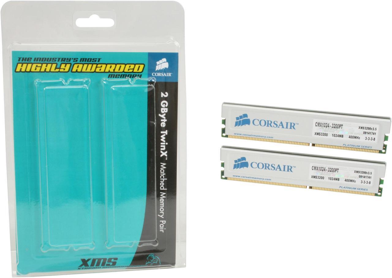 Alt view image 3 of 3 - CORSAIR XMS 2GB (2 x 1GB) DDR 400 (PC 3200) Dual Channel Kit Desktop Memory Model TWINX2048-3200PT