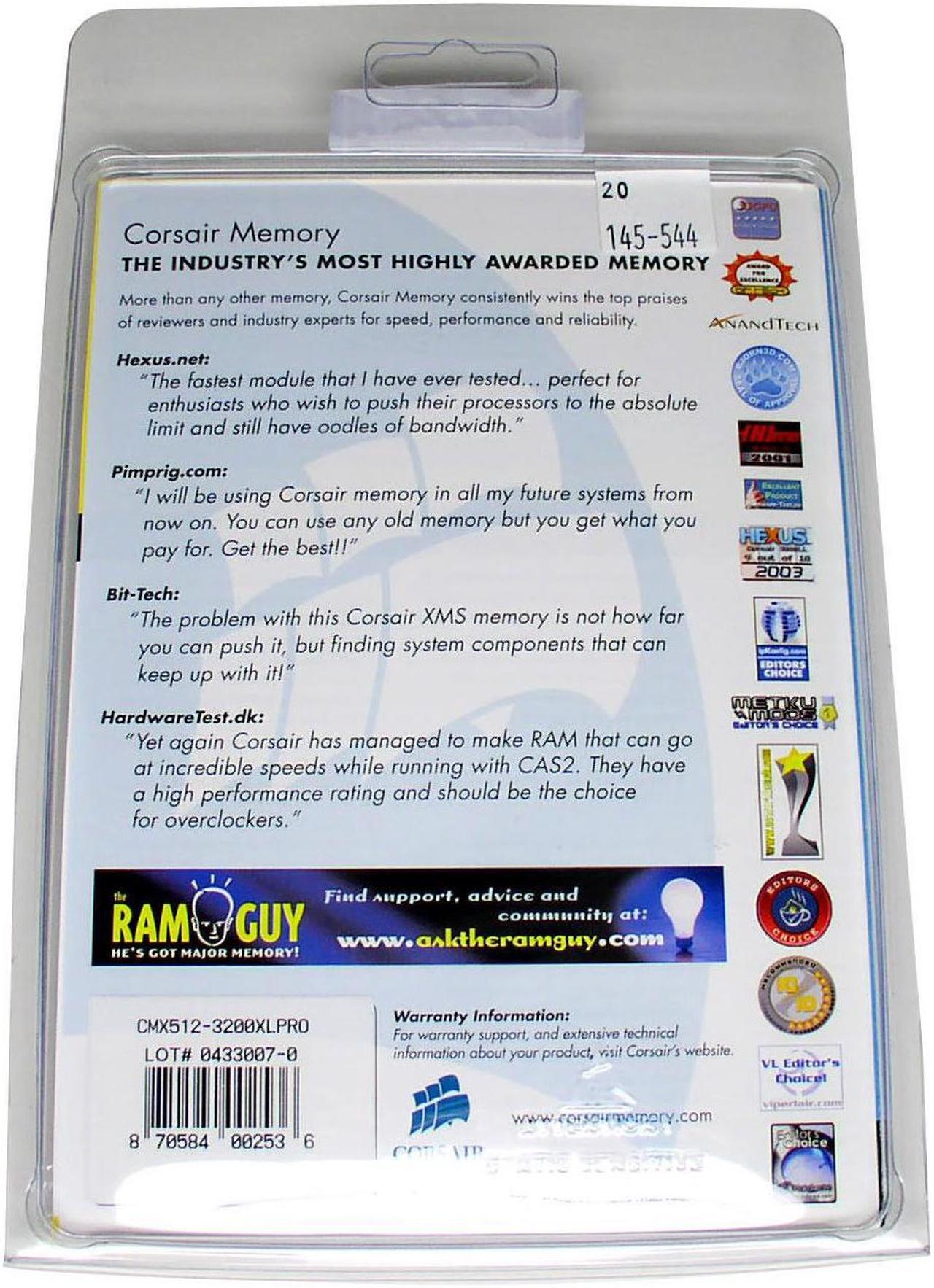 Alt view image 2 of 3 - CORSAIR XMS 512MB DDR 400 (PC 3200) Desktop Memory Model CMX512-3200XLPRO