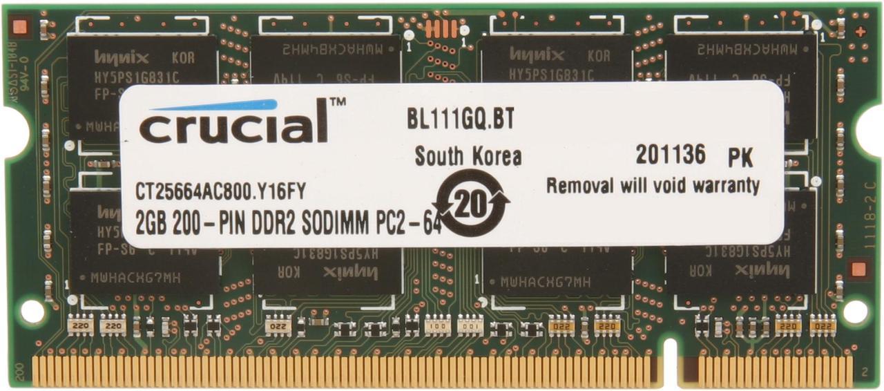 Crucial 2GB 200-Pin DDR2 SO-DIMM DDR2 800 (PC2 6400) Laptop Memory Model CT25664AC800