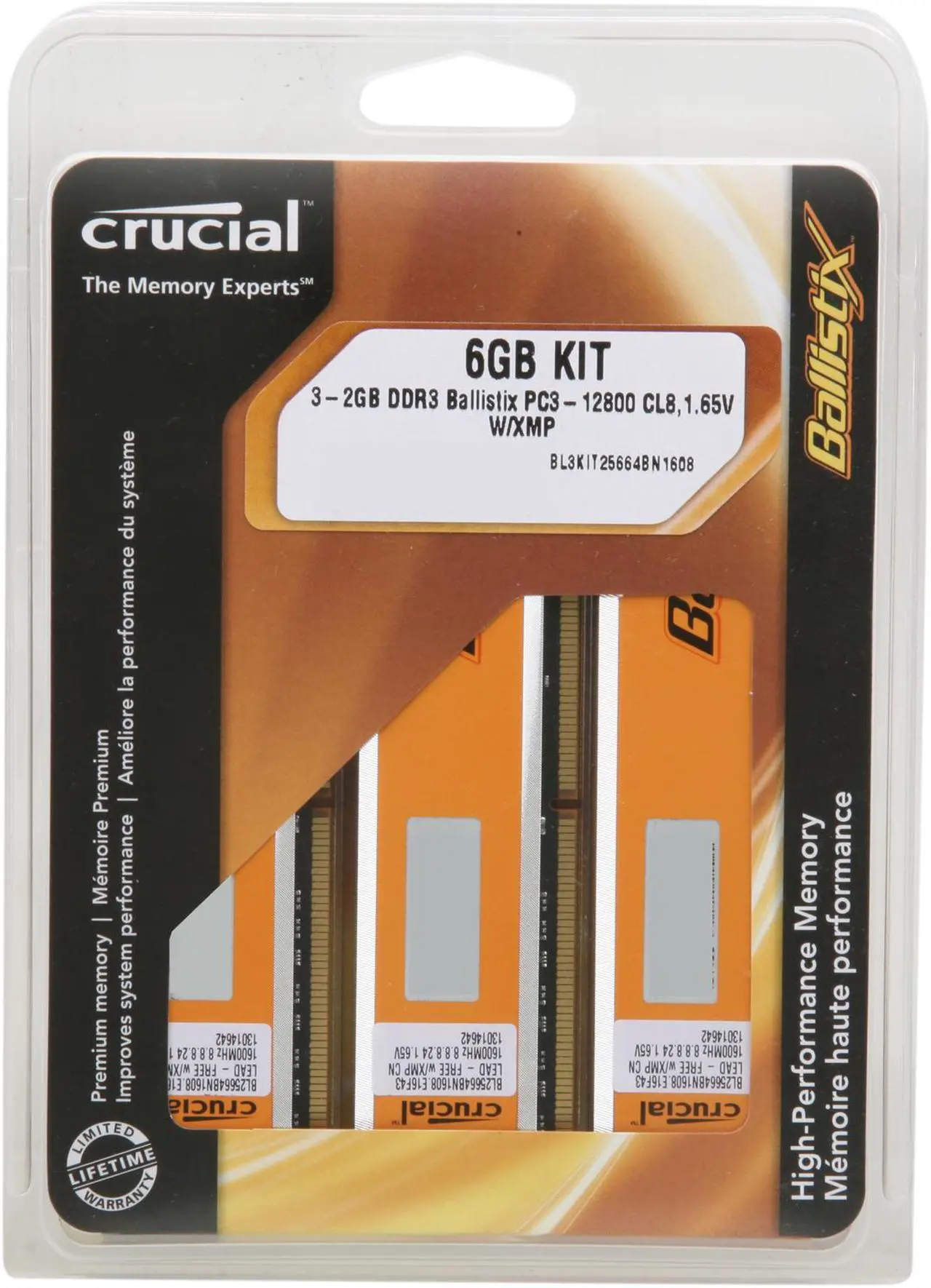 Alt view image 3 of 3 - Crucial Ballistix 6GB (3 x 2GB) DDR3 1600 (PC3 12800) Desktop Memory Model BL3KIT25664BN1608 - OEM