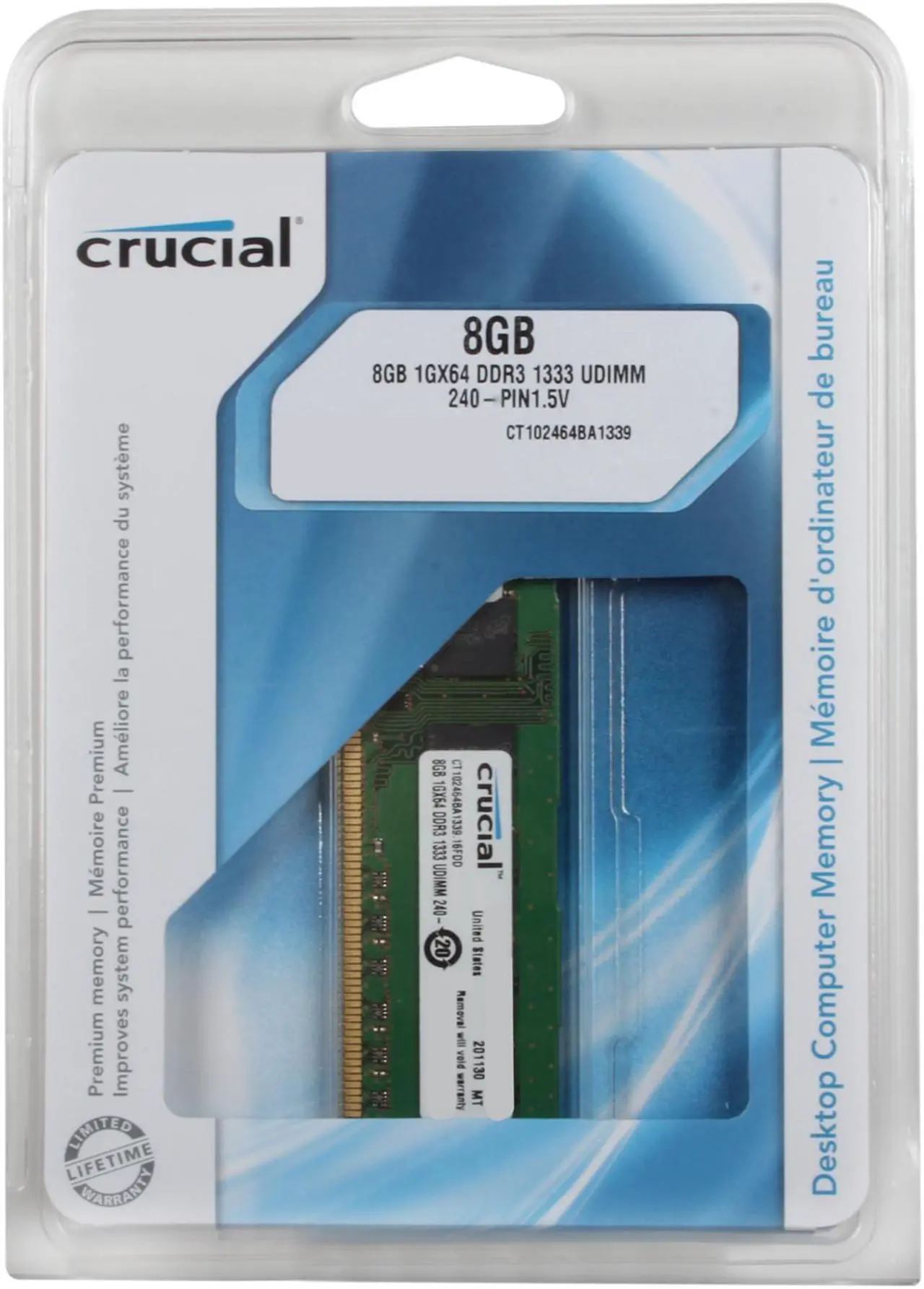 Alt view image 3 of 3 - Crucial 8GB DDR3 1333 (PC3 10600) Desktop Memory Model CT102464BA1339