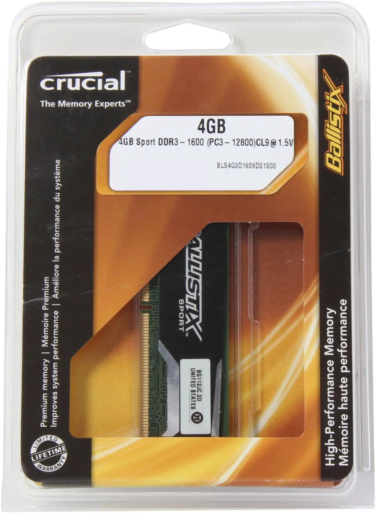 Alt view image 3 of 4 - Ballistix Sport 4GB DDR3 1600 (PC3 12800) Desktop Memory Model BLS4G3D1609DS1S00