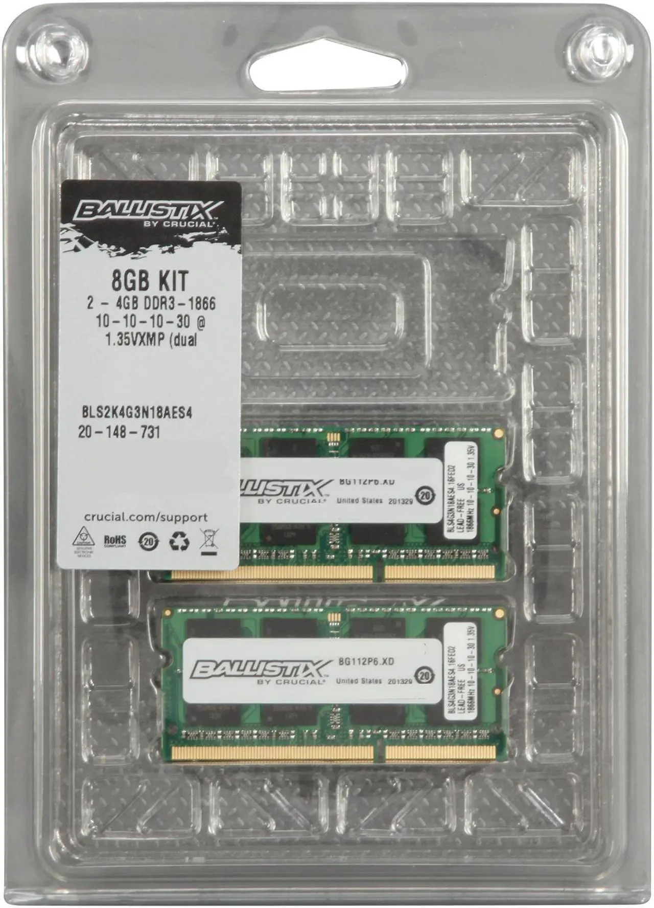 Alt view image 3 of 3 - Ballistix Sport SODIMM 8GB (2 x 4GB) 204-Pin DDR3 SO-DIMM DDR3 1866 (PC3 14900) Laptop Memory Model BLS2K4G3N18AES4