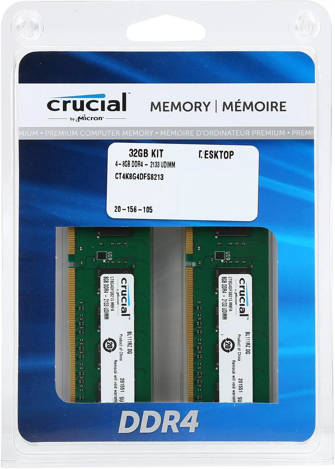 Alt view image 3 of 3 - Crucial 32GB (4 x 8GB) DDR4 2133 (PC4 17000) Desktop Memory Model CT4K8G4DFS8213