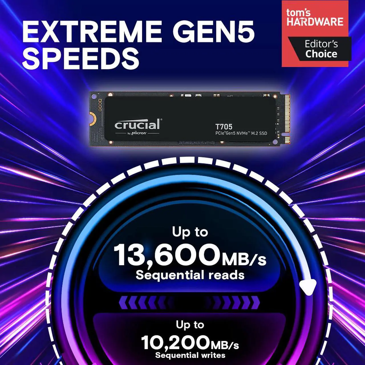 Alt view image 2 of 7 - Crucial T705 1TB PCIe Gen5 NVMe M.2 SSD - Up to 13,600 MB/s - Game Ready - Internal Solid State Drive (PC) - +1mo Adobe CC - CT1000T705SSD3