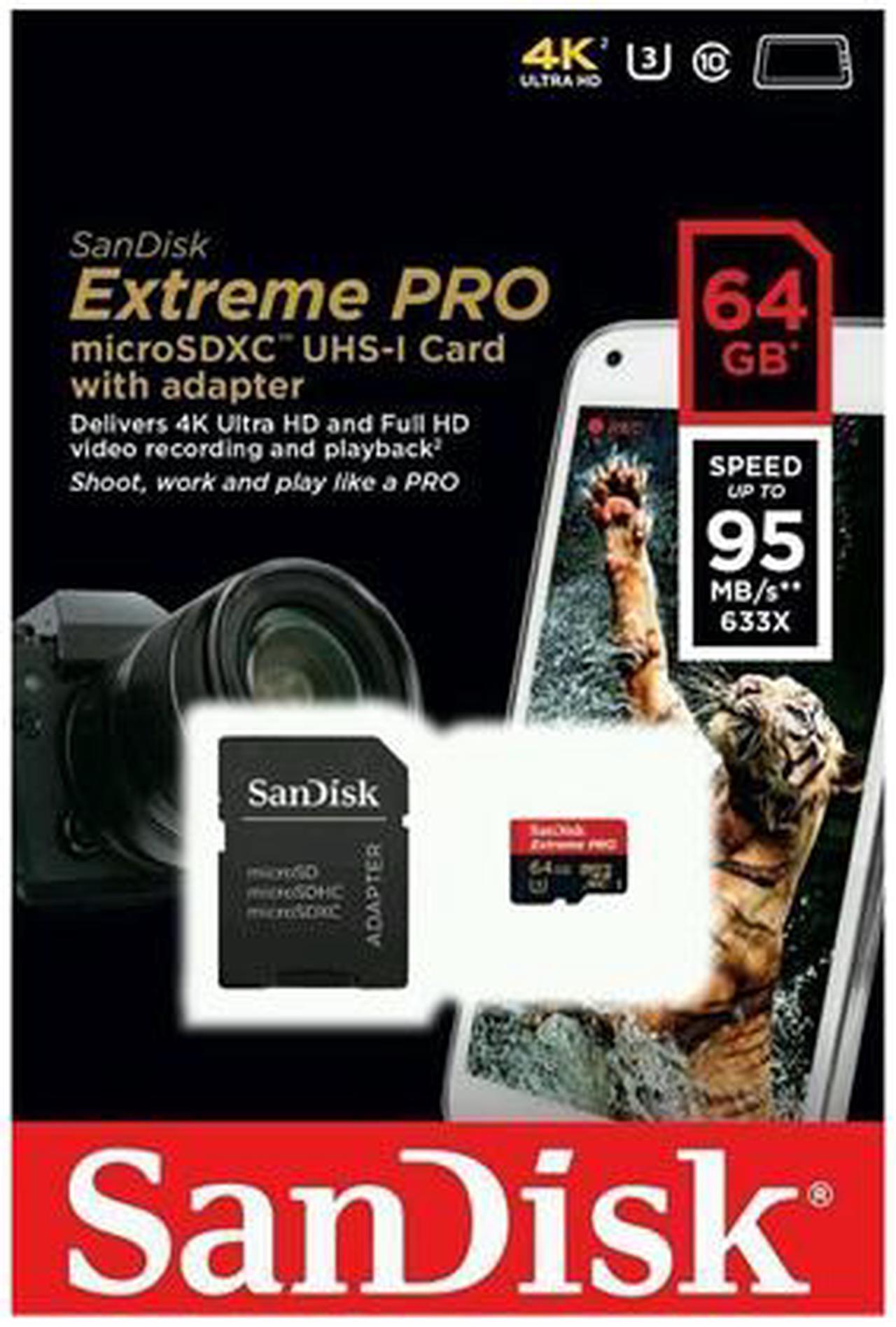 Alt view image 4 of 4 - SanDisk 64GB Extreme PRO microSDXC UHS-I/U3 Class 10 Memory Card with Adapter, Speed Up to 95MB/s (SDSDQXP-064G-G46A)