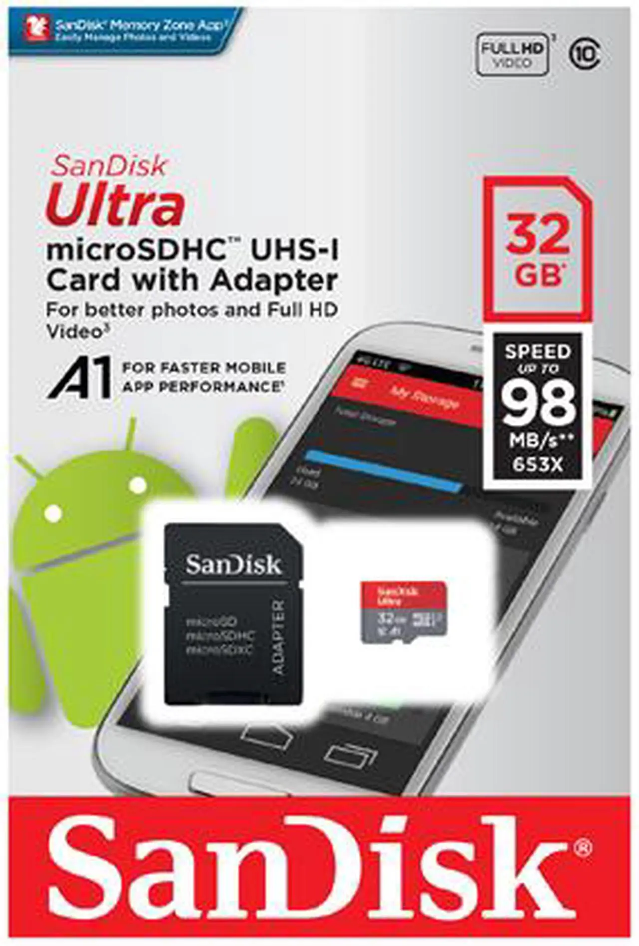 Alt view image 3 of 3 - SanDisk 32GB Ultra microSDHC A1 UHS-I/U1 Class 10 Memory Card with Adapter, Speed Up to 98MB/s (SDSQUAR-032G-GN6MA)