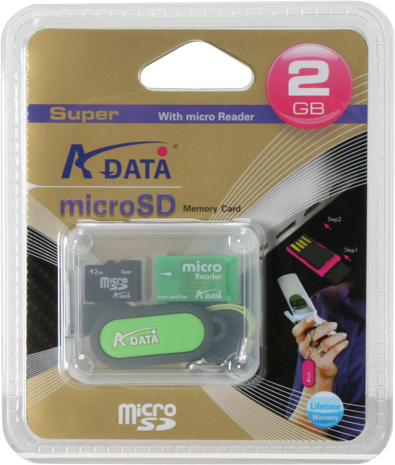 ADATA 2GB MicroSD Card with USB Reader Model microReader 2G +USB ...