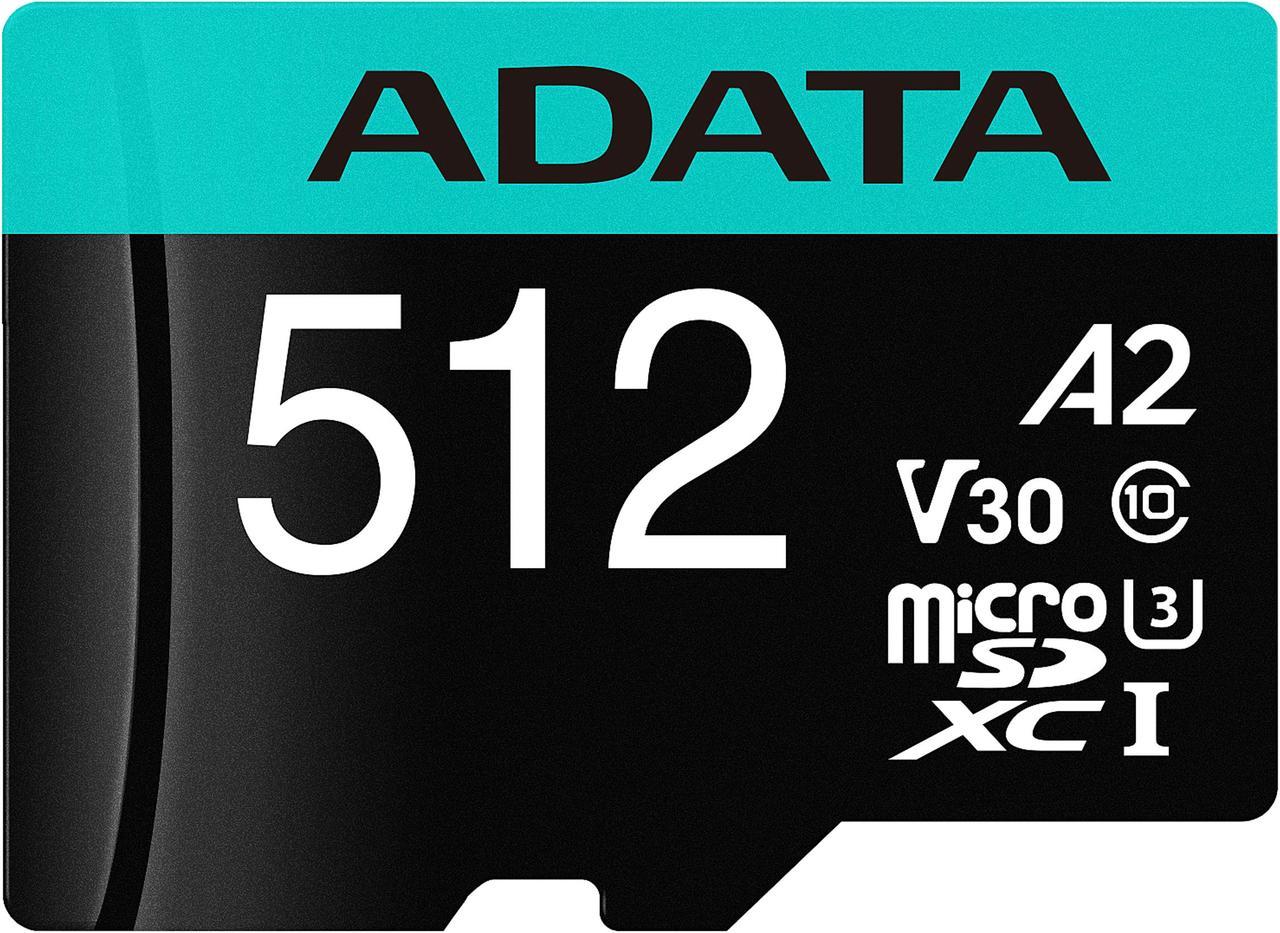 ADATA 512GB Premier Pro microSDXC UHS-I U3 / Class 10 V30 A2 Memory Card with SD Adapter, Speed Up to 100MB/s (AUSDX512GUI3V30SA2-RA1)