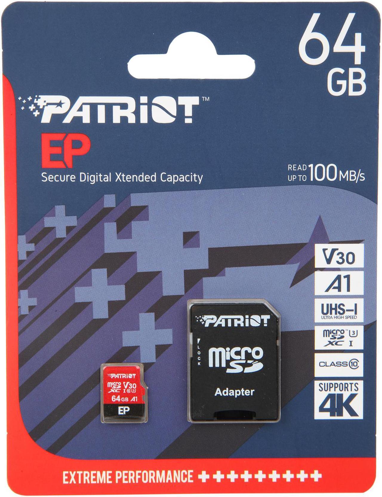 Alt view image 3 of 3 - Patriot Memory 64GB EP Series MicroSDXC U3, A1, V30. 4K Memory Card with Adapter, Reads 100MB/s, Writes 80MB/s