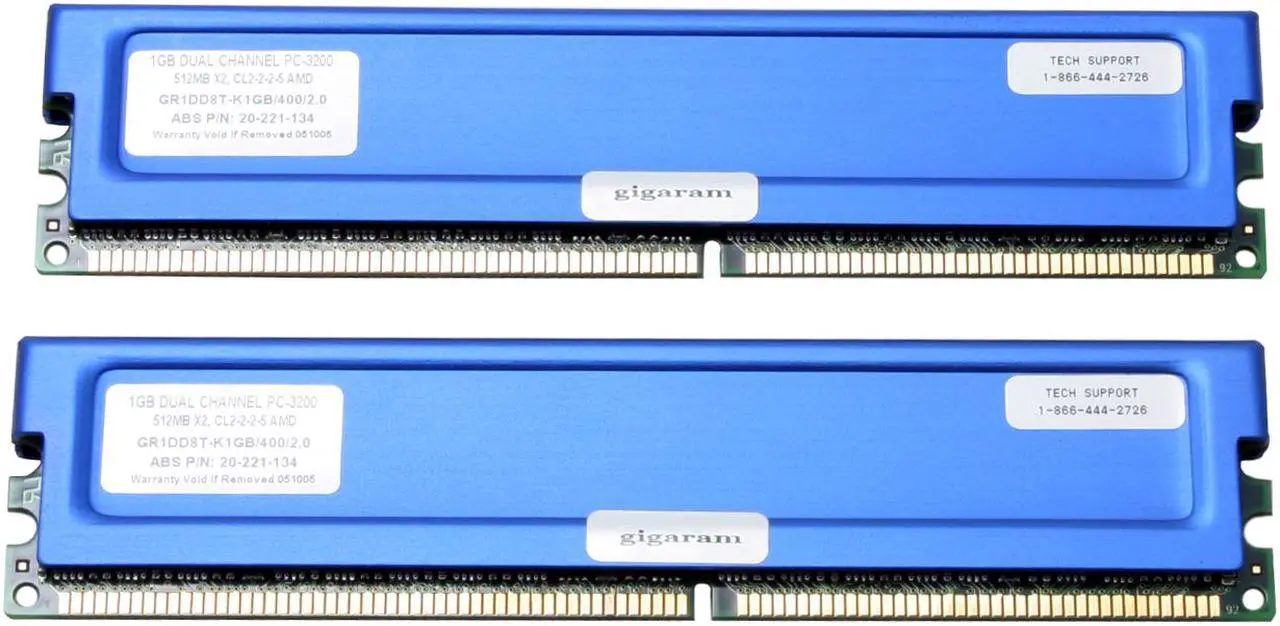 Main image of gigaram Mach 1000 1GB (2 x 512MB) DDR 400 (PC 3200) DUAL CHANNEL System Memory Model GR1DD8T-K1GB/400/2.0