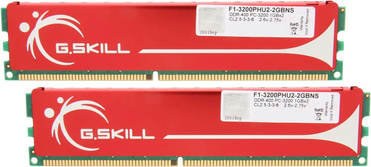 Main image of G.SKILL 2GB (2 x 1GB) DDR 400 (PC 3200) Dual Channel Kit Desktop Memory Model F1-3200PHU2-2GBNS