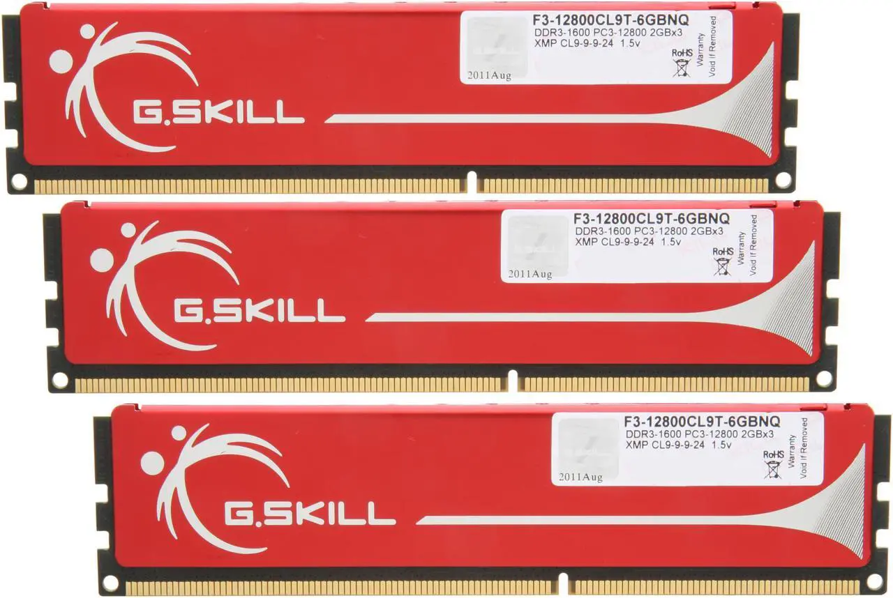 Main image of G.SKILL 6GB (3 x 2GB) DDR3 1600 (PC3 12800) Triple Channel Kit Desktop Memory Model F3-12800CL9T-6GBNQ