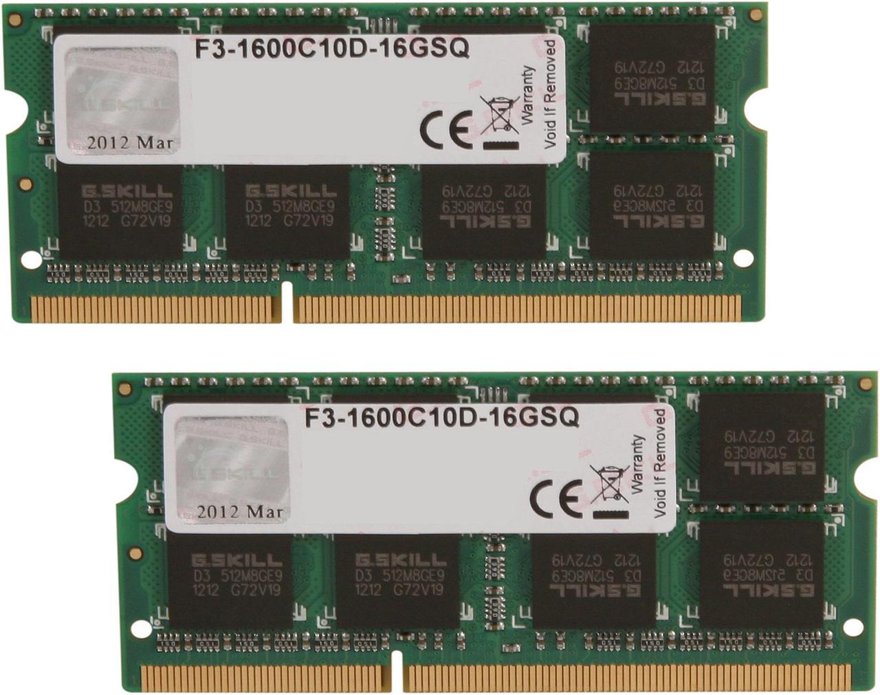 G.SKILL Standard Series 16GB (2 x 8GB) 204-Pin DDR3 SO-DIMM DDR3 1600 (PC3 12800) Laptop Memory Model F3-1600C10D-16GSQ