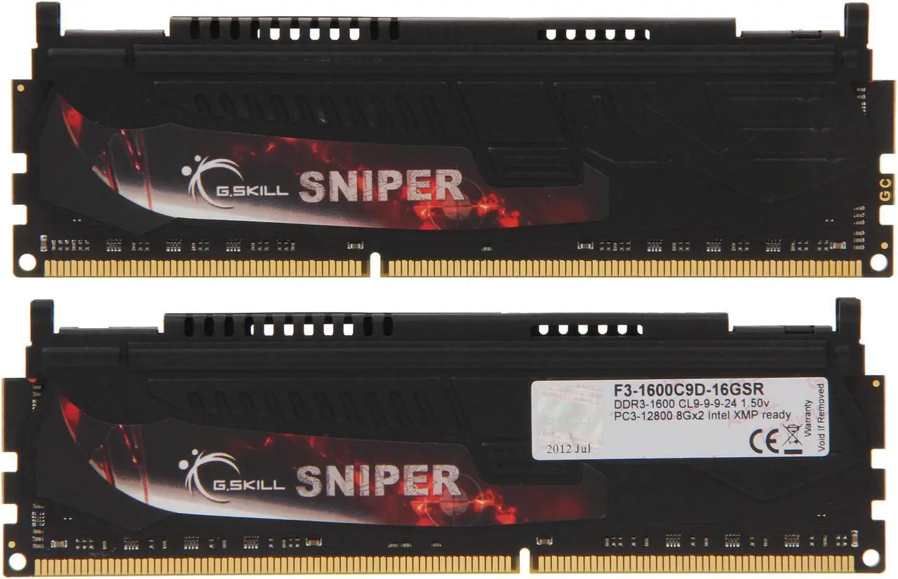 Alt view image 2 of 3 - G.SKILL Sniper Gaming Series 16GB (2 x 8GB) DDR3 1600 (PC3 12800) Desktop Memory Model F3-1600C9D-16GSR