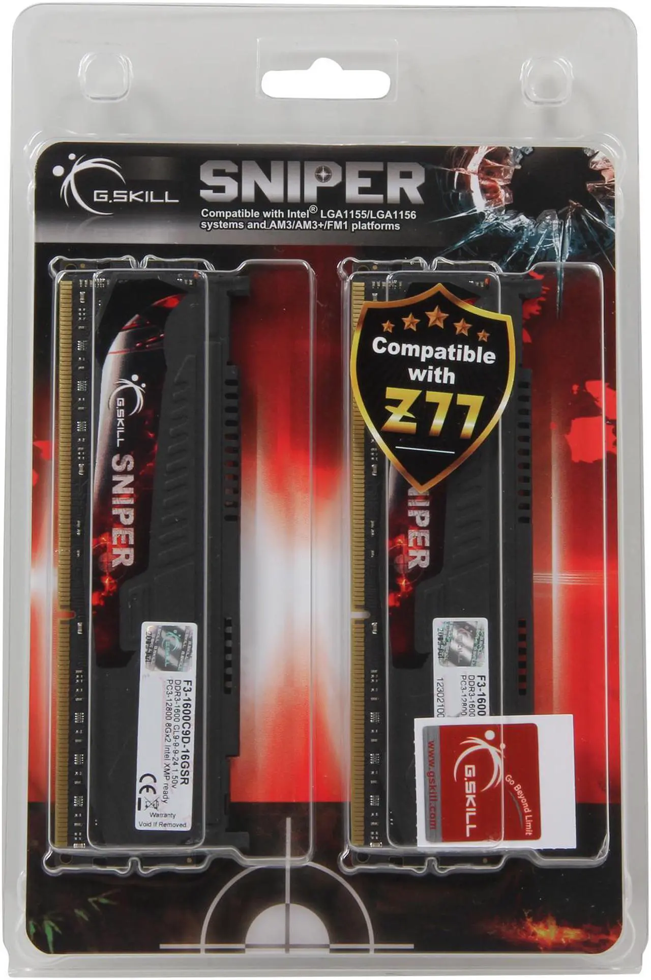 Alt view image 3 of 3 - G.SKILL Sniper Gaming Series 16GB (2 x 8GB) DDR3 1600 (PC3 12800) Desktop Memory Model F3-1600C9D-16GSR