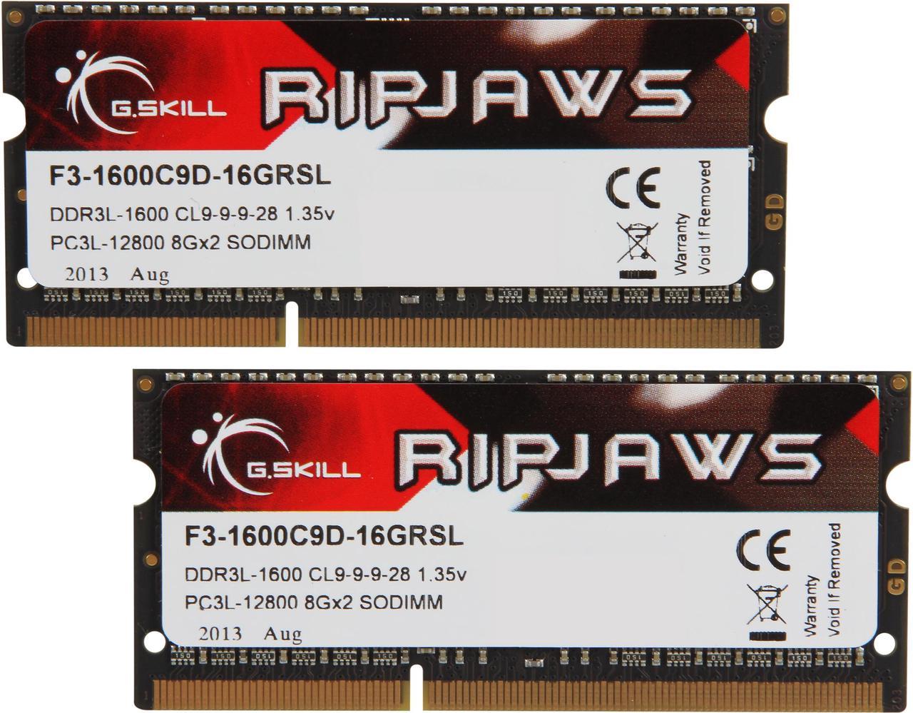 G.SKILL Ripjaws Series 16GB (2 x 8GB) 204-Pin DDR3 SO-DIMM DDR3L 1600 (PC3L 12800) Laptop Memory Model F3-1600C9D-16GRSL