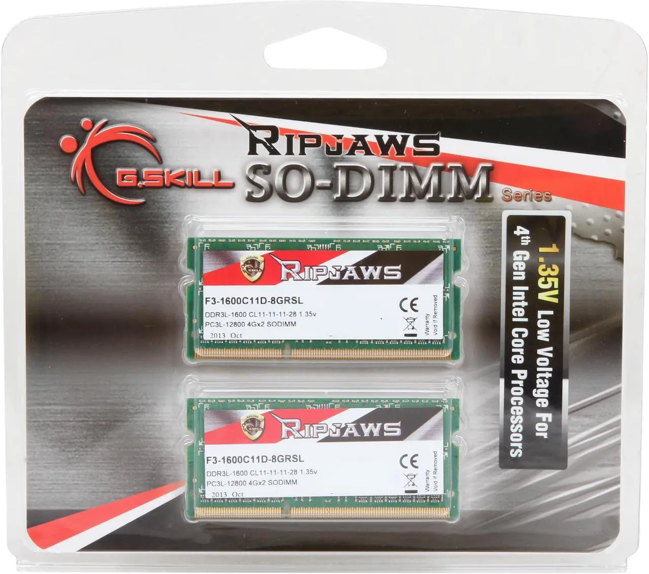 Alt view image 3 of 3 - G.SKILL Ripjaws Series 8GB (2 x 4GB) 204-Pin DDR3 SO-DIMM DDR3L 1600 (PC3L 12800) Laptop Memory Model F3-1600C11D-8GRSL