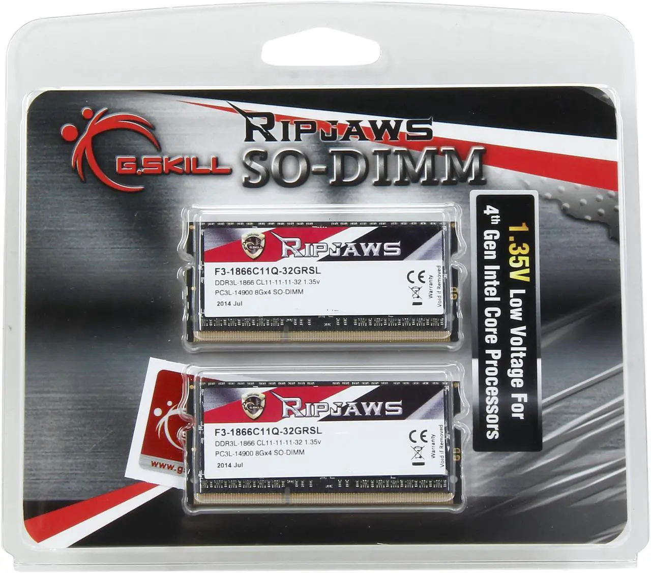 Alt view image 3 of 3 - G.SKILL Ripjaws 32GB (4 x 8GB) 204-Pin DDR3 SO-DIMM DDR3L 1866 Laptop Memory Model F3-1866C11Q-32GRSL