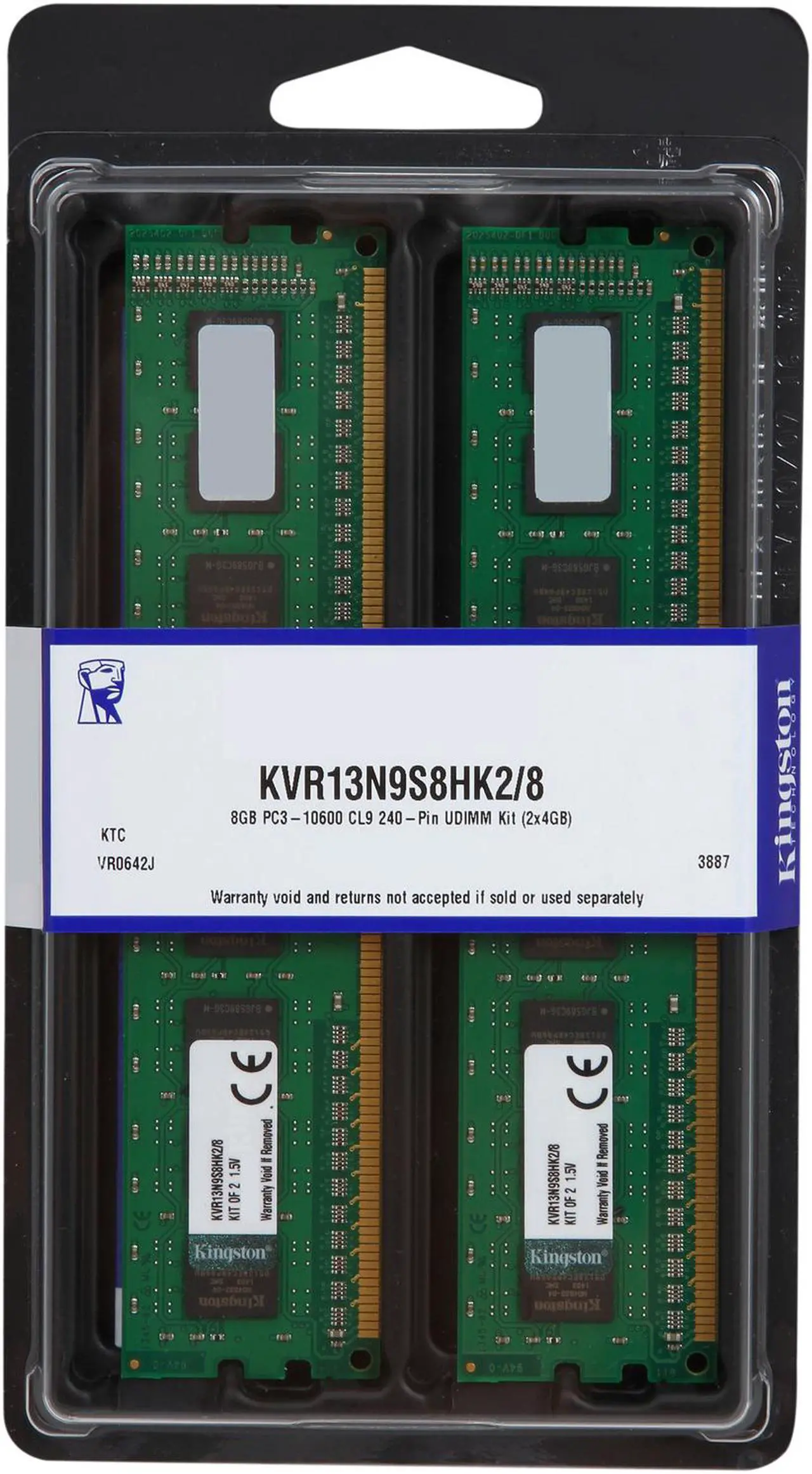 Alt view image 3 of 3 - Kingston 8GB (2 x 4GB) DDR3 1333 Desktop Memory Model KVR13N9S8HK2/8