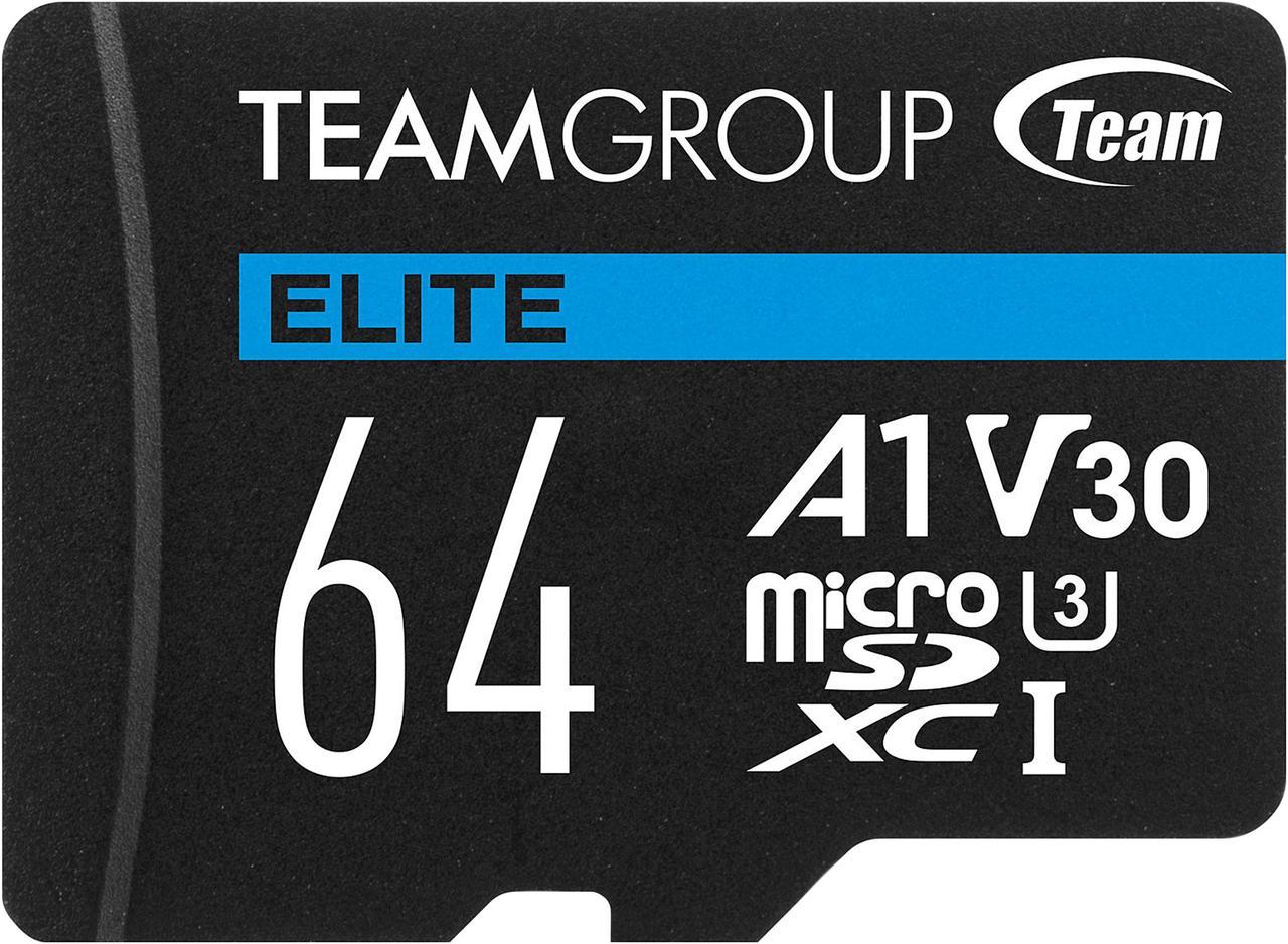 Team Group 64GB Elite microSDXC UHS-I U3, V30, A1, 4K UHD Micro SD Card with SD Adapter, Speed Up to 100MB/s (TEAUSDX64GIV30A103)